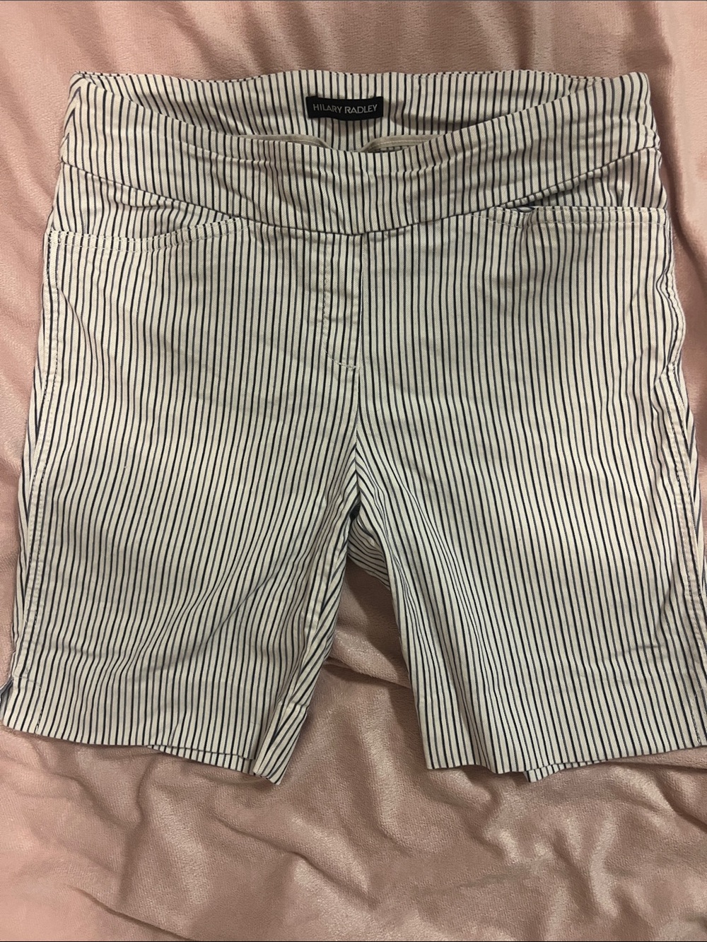 Hilary Radley White with Navy Pinstripe Bermuda Shorts